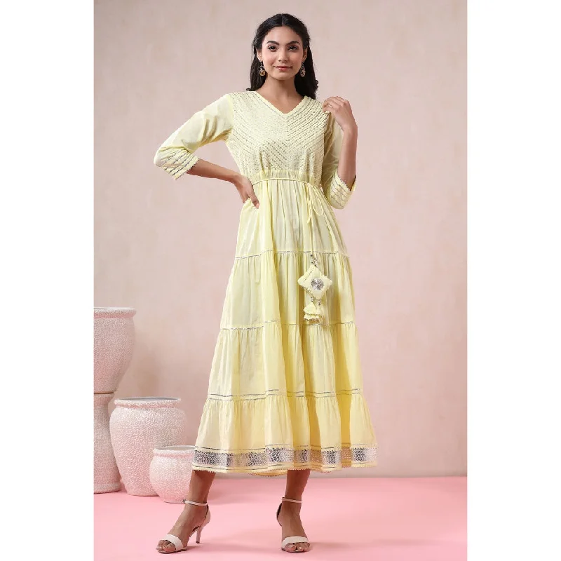 Juniper Women Yellow Cambric Solid Tiered Dress (Set Of 2)