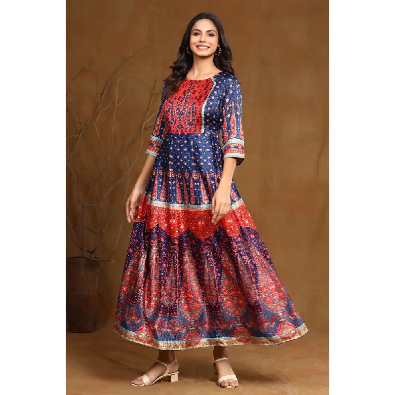 Juniper Navyblue Dull Satin Printed Anarkali Dress