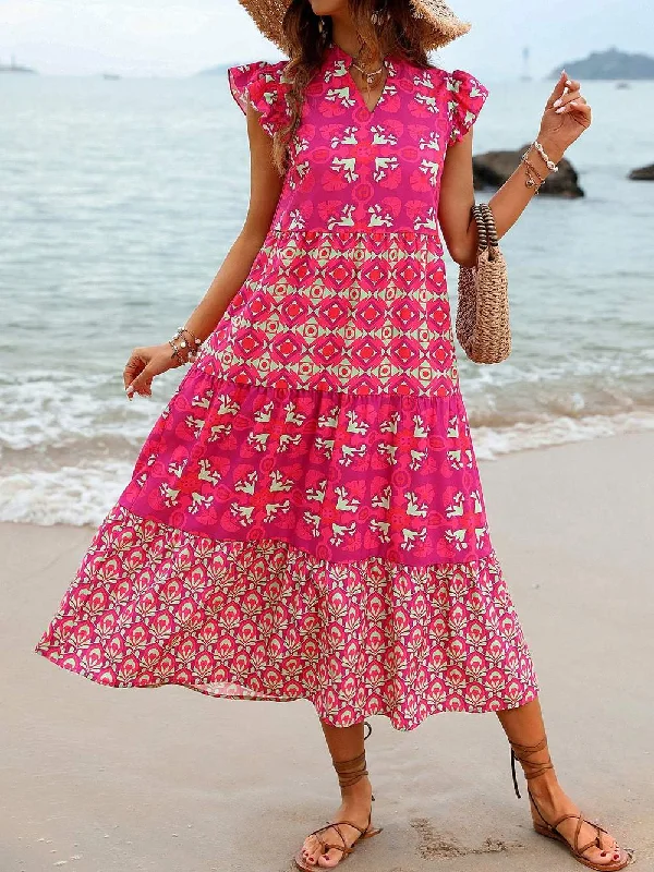 VCAY WOMEN S FULL PRINTED FLYING SLEEVE DRESS WITH RUFFLED HEM AND FLOUNCED SLEEVES