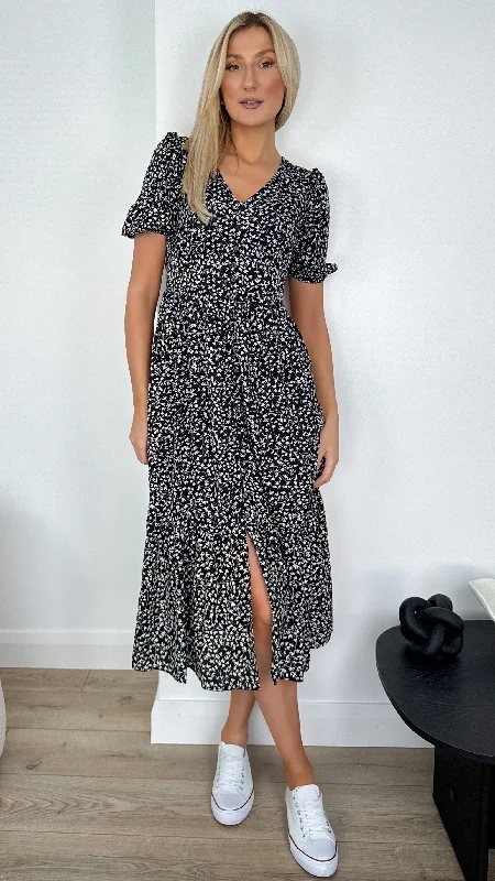 Kirsty Wrap Floral Dress with Slit - Black