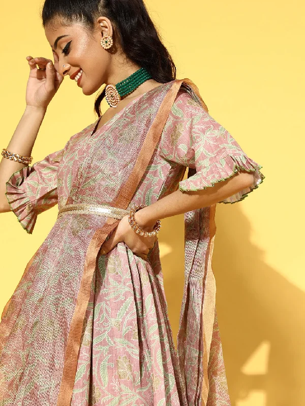 Pink & Green Floral Print Dress With Dupatta