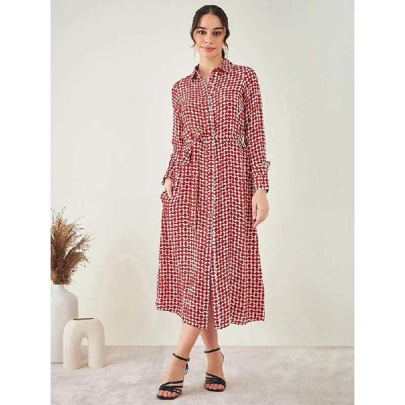 First Resort by Ramola Bachchan Red and White Geometric Print Dress with Belt (Set of 2)