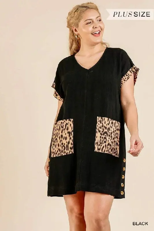 Plus Size Animal Print Short Folded Sleeve V-neck Dress With Side Buttons And Front Pockets