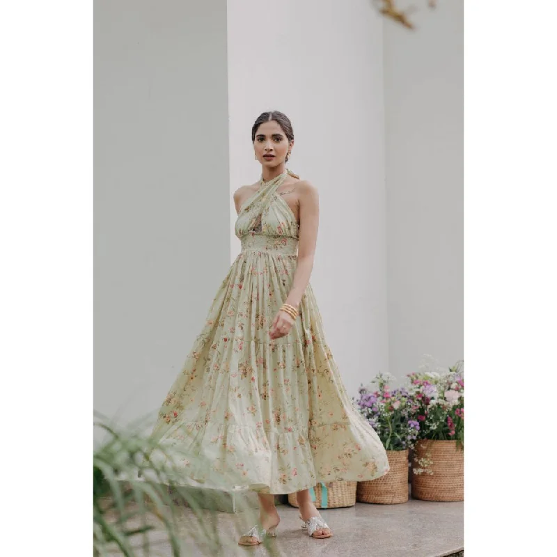 Old Marigold Mirelle Green Floral Printed Halter Neck Dress