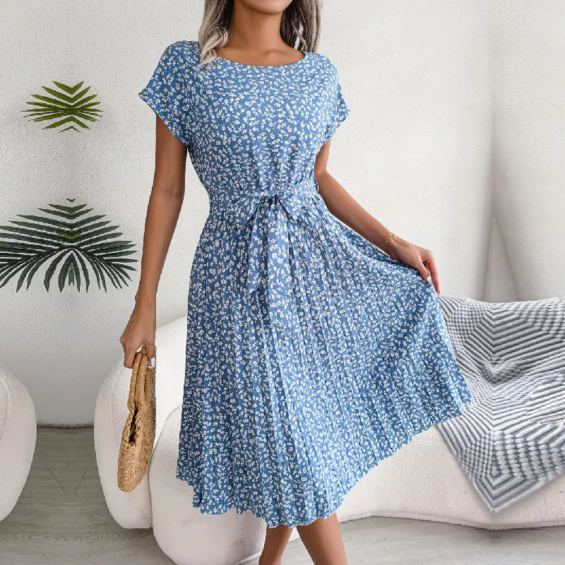 Floral Pleated A Line Long Dress Spring Summer Short Sleeve High Waist Chic Dress