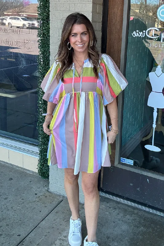 Love You Forever Striped Babydoll Dress-Lime/Mocha