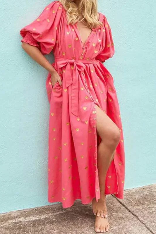 HEART PRINT PUFF SLEEVE DRESS