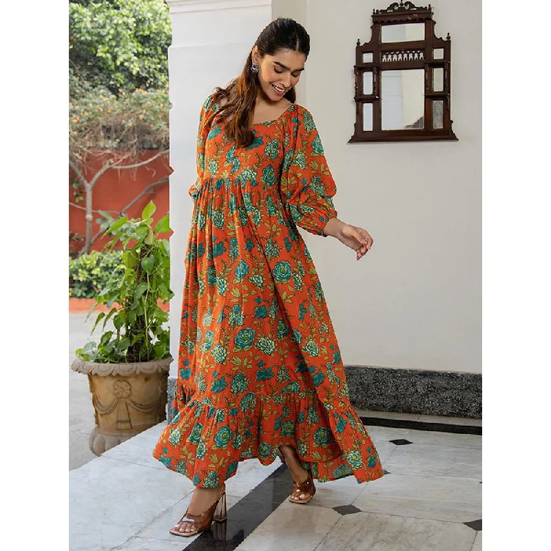 Janasya Womens Rust Cotton Floral Fit & Flare Dress