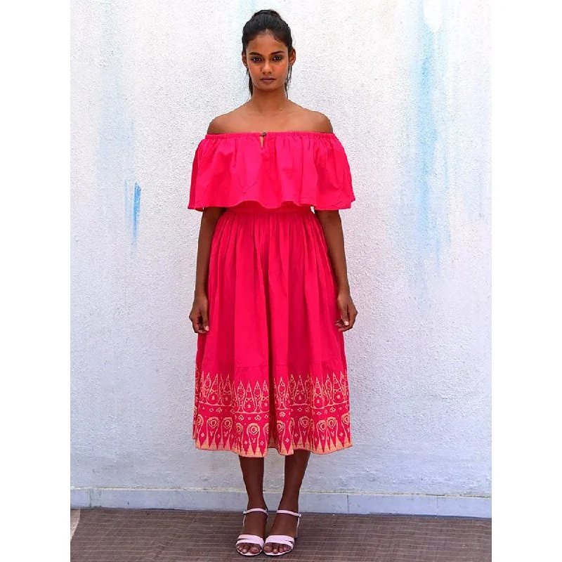 Chidiyaa Smell of Rain Rani Off Shoulder Hand Block Printed Cotton Dress