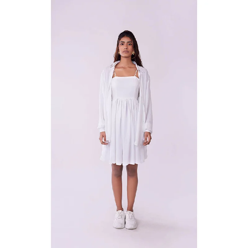 Poppi Solid White Dress & Shirt (Set of 2)