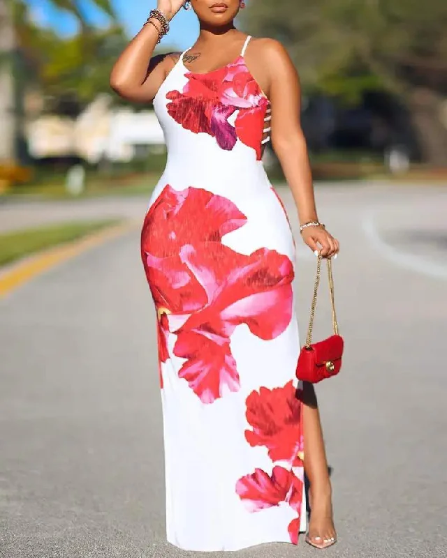 FLORAL PRINT CUTOUT BACKLESS SLIT DRESS