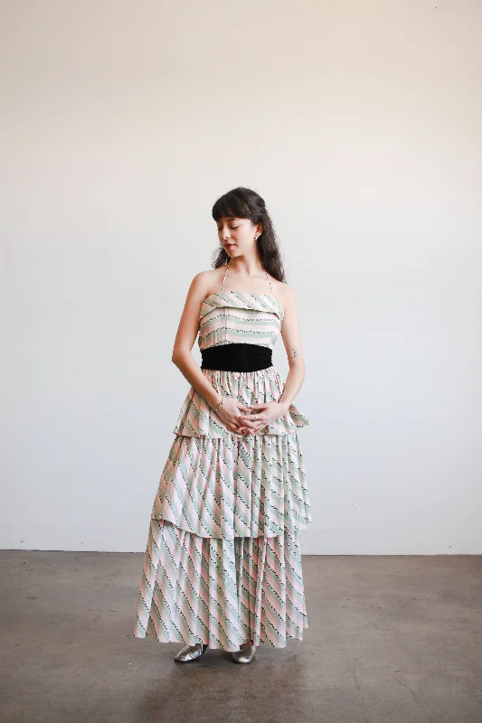 1950s Green and Pink Striped Cotton Tiered Strapless Dress