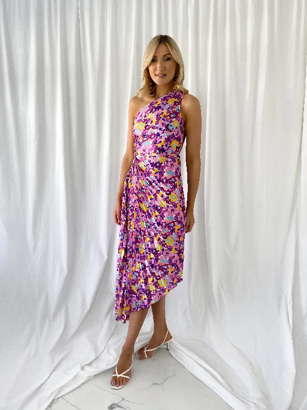 Margaret One Shoulder Draped Floral Dress - Purple and Yellow