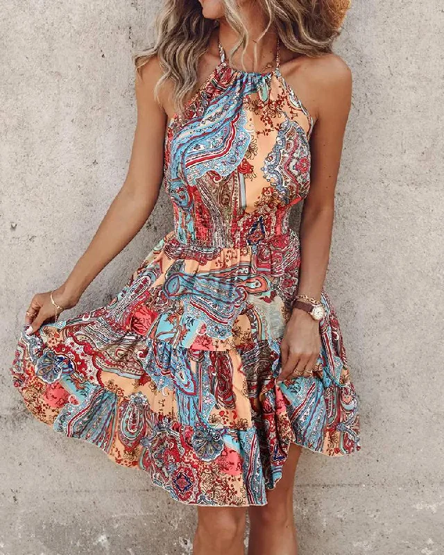 TRIBAL PRINT HALTER BACKLESS VINTAGE DRESS