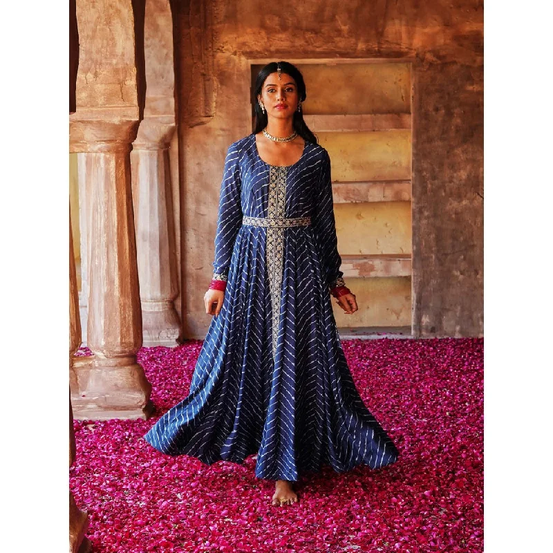 Karaj Jaipur Navy Blue Printed Dress (Set of 3)