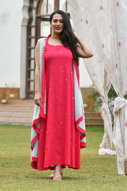 Aaheli Raspberry-Grey Embroidered Dress With Shrug (Pack of 2)