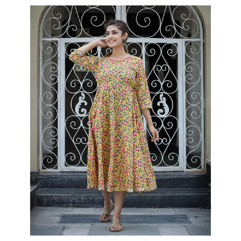 KAAJH Yellow Floral Printed Cotton Ethnic Dress