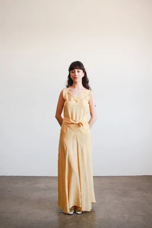 1930s Yellow Woodgrain Taffeta Bias Cut Dress