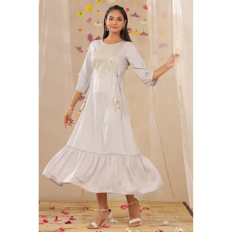 Juniper Grey Rayon Dobby Embroidered Tiered Dress