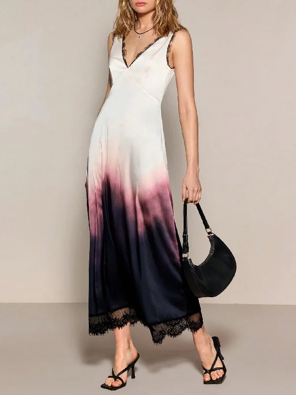 SHEINNeu Ladies" V-Neck Lace Patchwork Ombre Daily Wear Elegant Dress SD