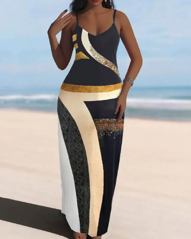 Sling Geometric Elegant Stripes Pocket Dress