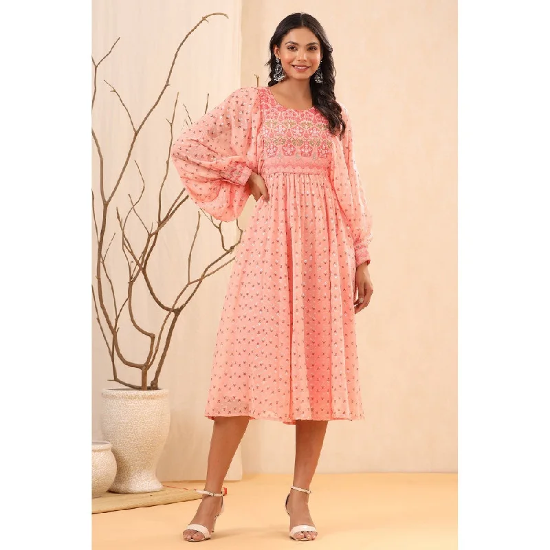 Juniper Womens Peach Georgette Festive Wear Printed Flared Dress