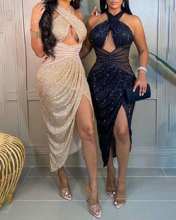 HALTER SHEER MESH SLEEVELESS SLIT SEQUIN DRESS