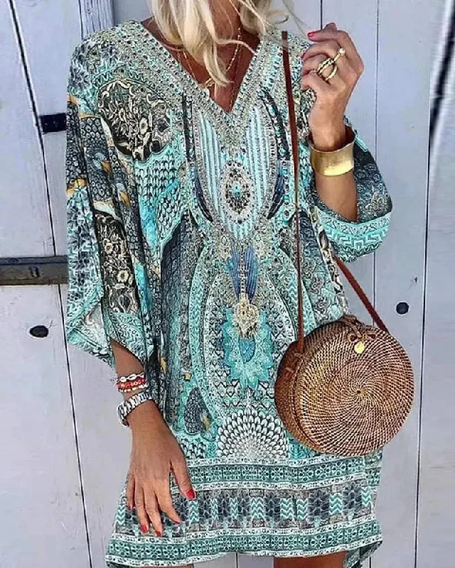 RETRO TRIBAL PRINT V NECK CASUAL DRESS