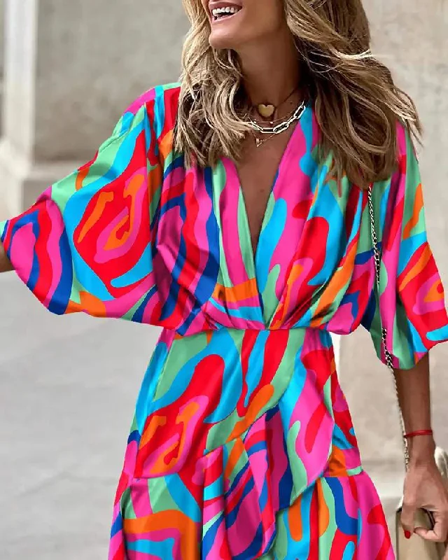 BATWING SLEEVE RUFFLE HEM ABSTRACT PRINT DRESS
