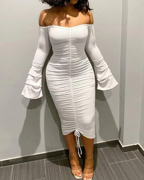 Off Shoulder Ribbed Ruched Bell Sleeve Dress