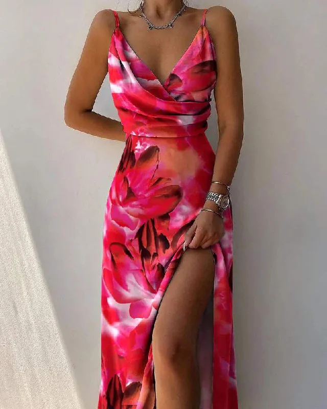 FLORAL PRINT SPLIT THIGH SLIP DRESS