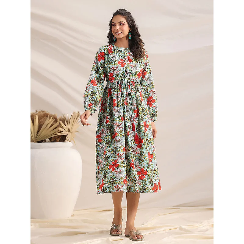 Janasya Women Turquoise Cotton Floral Gathered Dress