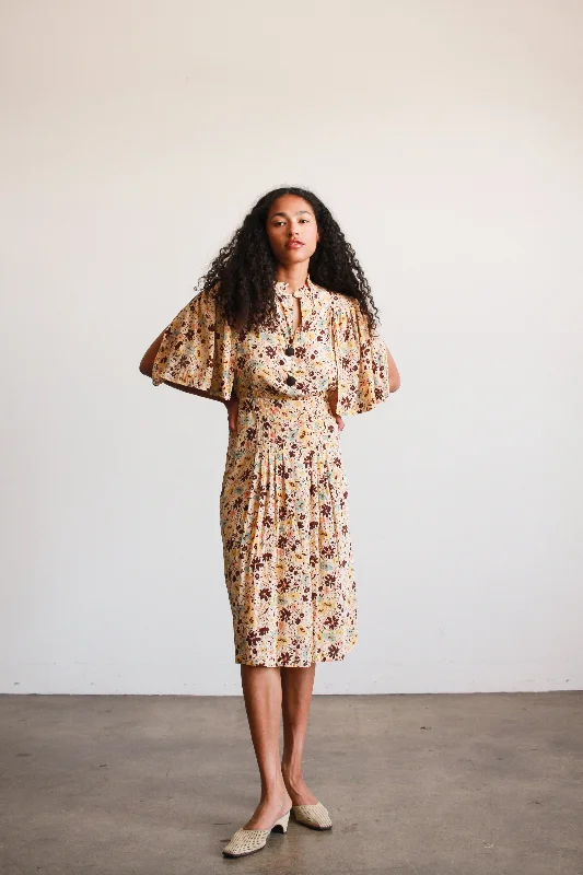 1930s Floral Print Silk Capelet Dress