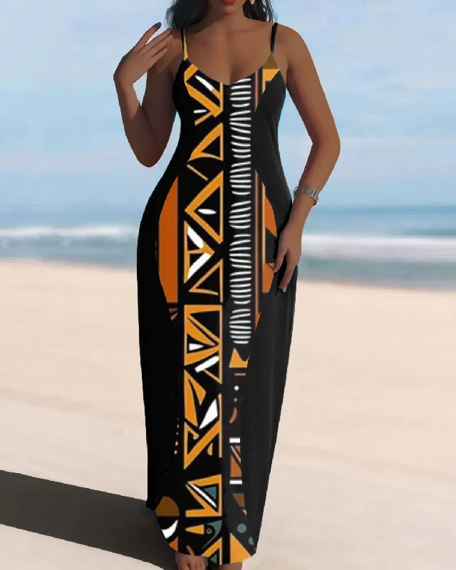 Sling Tribal Geometric Print Pocket Dress