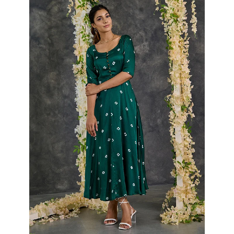 Gulaal Green Bandhani Modal Satin Fit & Flare Dress