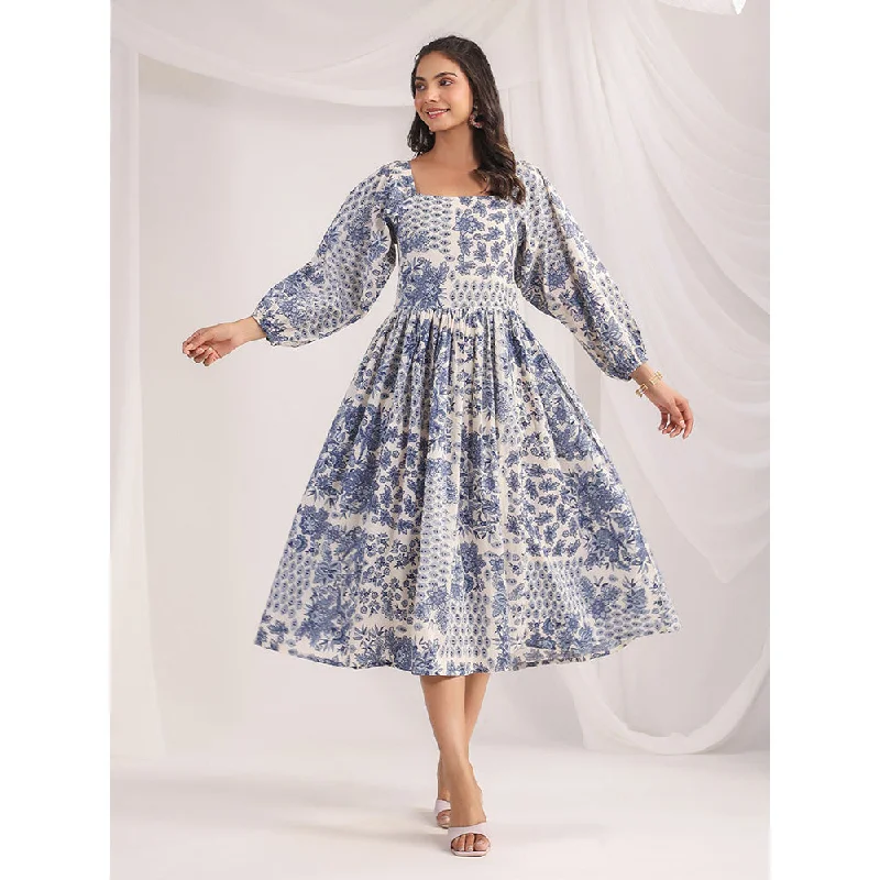 Janasya Womens Off White Cotton Floral Gathered Dress