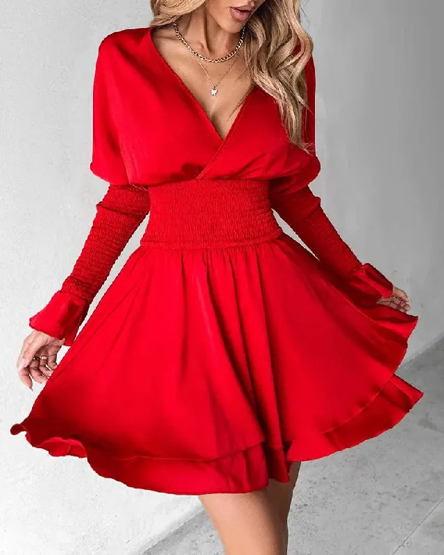 BELL SLEEVE SHIRRED RUFFLES CASUAL DRESS