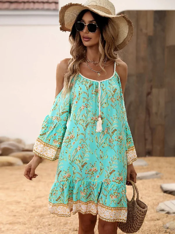 FLORAL PRINT COLD SHOULDER TASSEL KNOT FRONT RUFFLE HEM DRESS