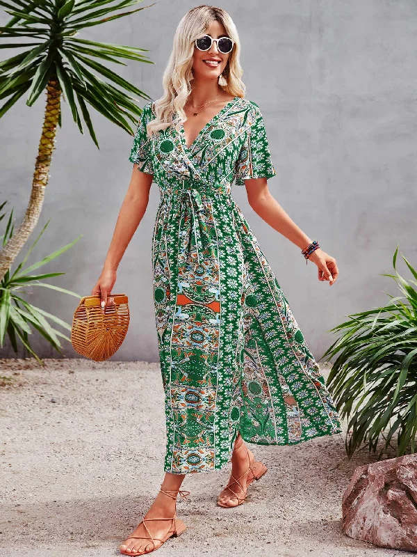 ALLOVER PRINT BUTTERFLY SLEEVE SPLIT SIDE BELTED DRESS