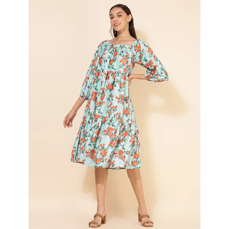 Janasya Women's Sea Green Moss Digital Floral Printed Flared Dress