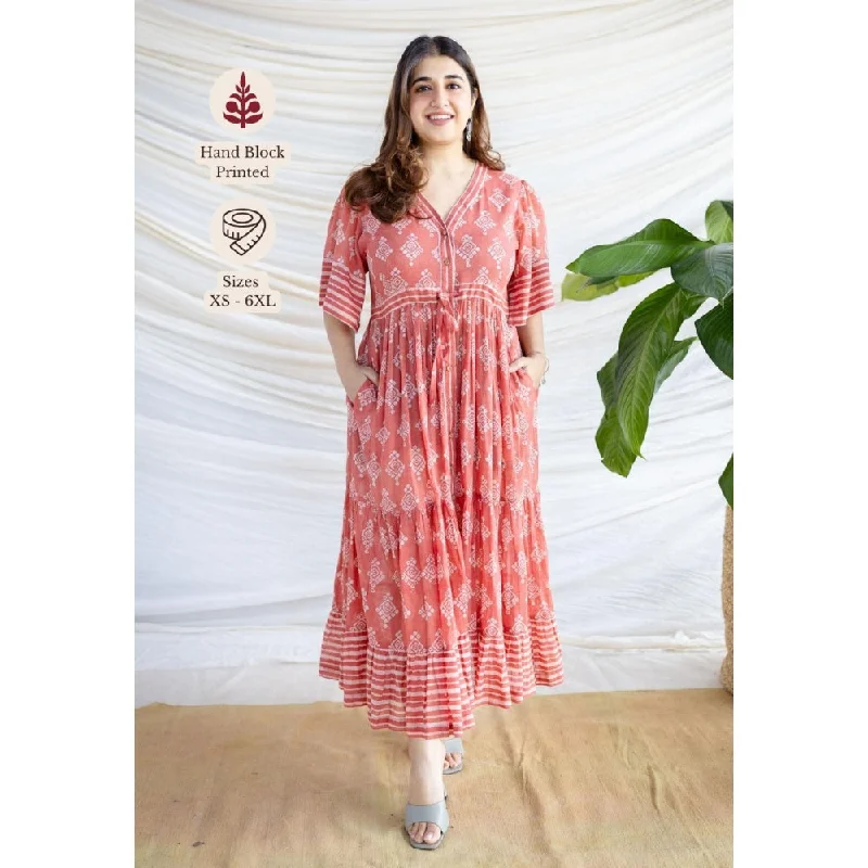 The Indian Ethnic Co. Red A-Line Batik Hand Block Mul Dress With Slip (Set of 2)