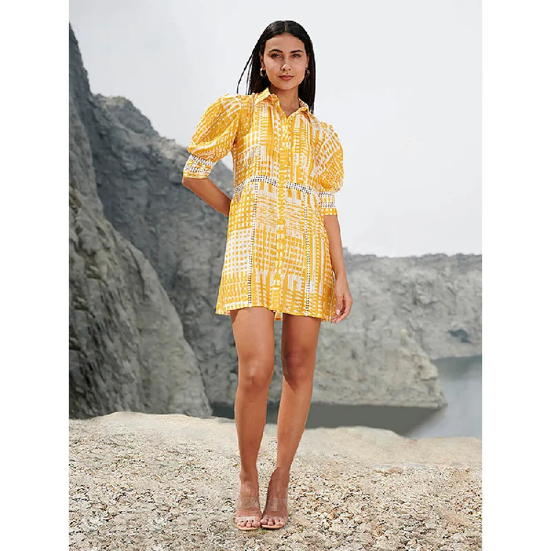 House of Soi Yellow Rio Printed Lace Trim Dress