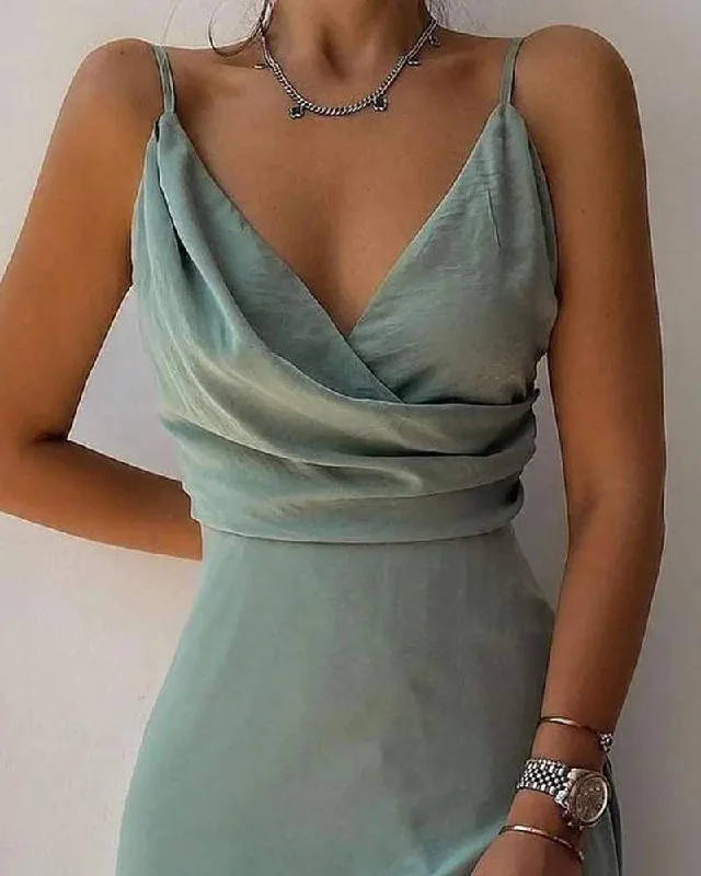 SPAGHETTI STRAP RUCHED SPLIT THIGH SLIP DRESS