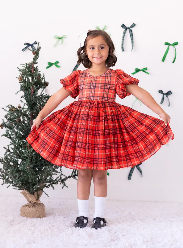 Red Plaid Puff Dress
