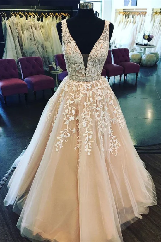 Pretty V-neck Lace Up Open Back Lace Beading Princess Prom Dress Ball Gown