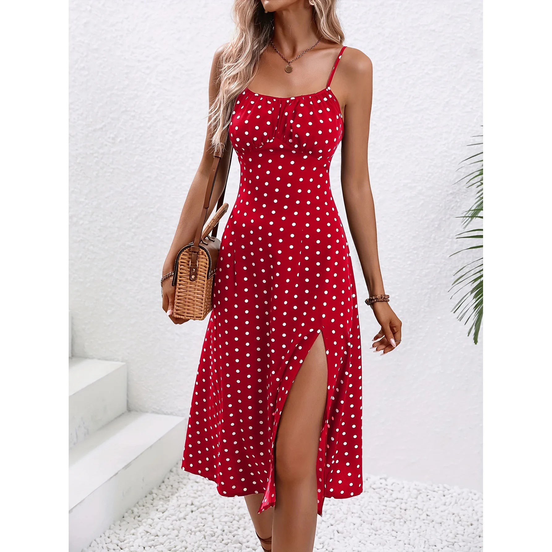 Summer Polka Dot Printed Women's Elegant Square Neck Sleeveless Chiffon Long Beach Dress