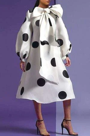 WHITE ELEGANT PRINT POLKA DOT PATCHWORK WITH BELT WITH BOW O NECK A LINE DRESSES CONTAIN THE BELT