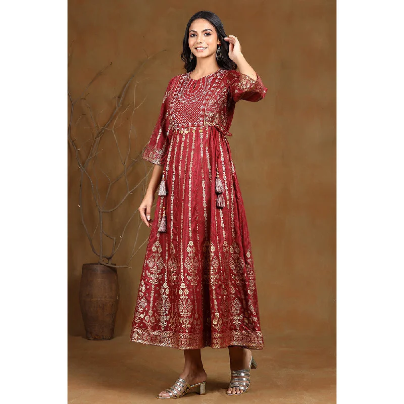Juniper Maroon Ethnic Motif Printed Shantoon Anarkali Dress.