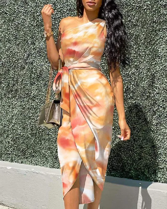 One Shoulder Tie Dyed Slit Dress