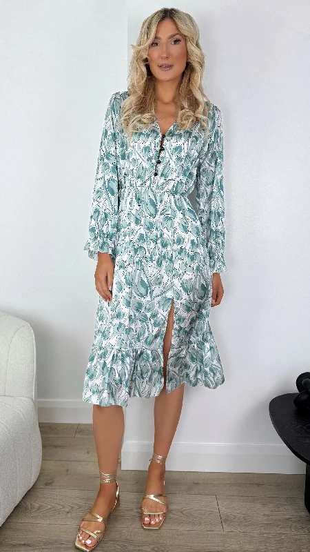 Tessa Tulip Print Emerald Dress